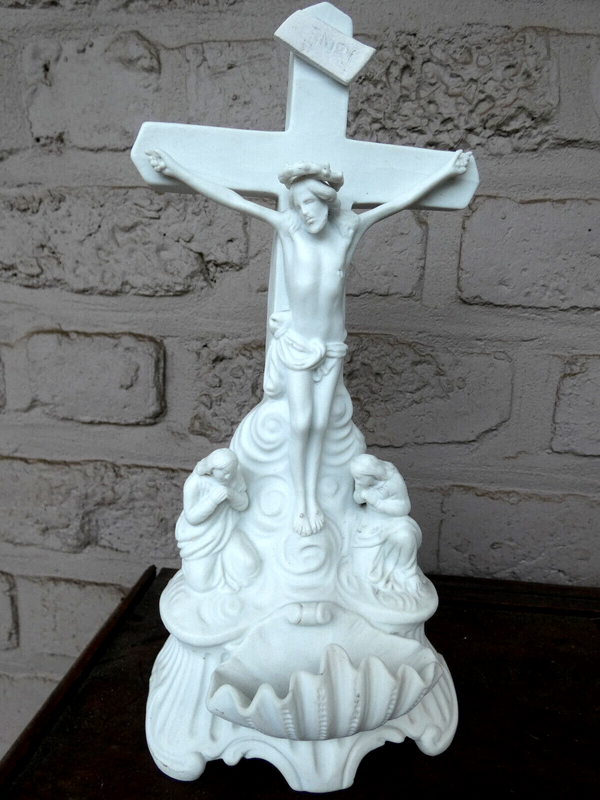 Antique french bisque porcelain holy water font crucifix angels rare 19thc