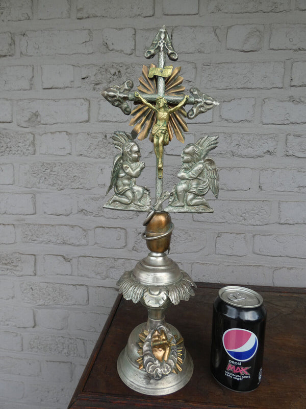 Antique french metal crucifix with angels sacred heart