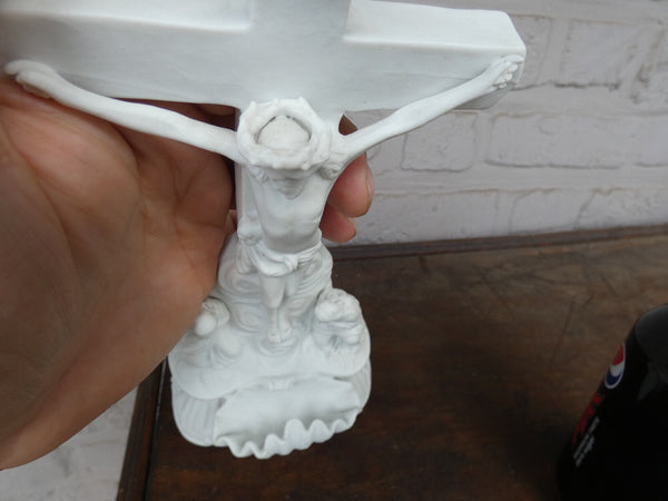 Antique french bisque porcelain holy water font crucifix angels rare 19thc