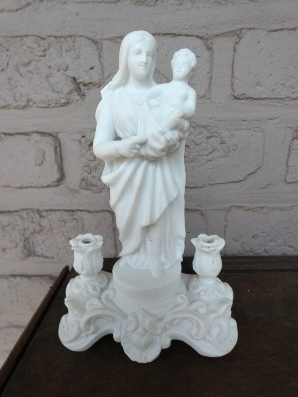 Antique french bisque porcelain madonna statue with candle holders