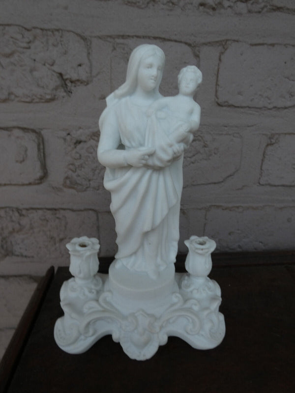 Antique french bisque porcelain madonna statue with candle holders