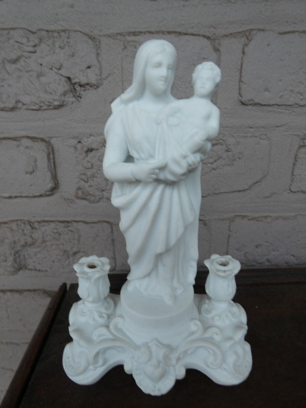 Antique french bisque porcelain madonna statue with candle holders