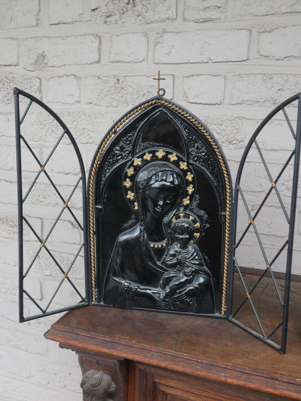 Vintage cermaic relief madonna plaque cast iron shrine wall