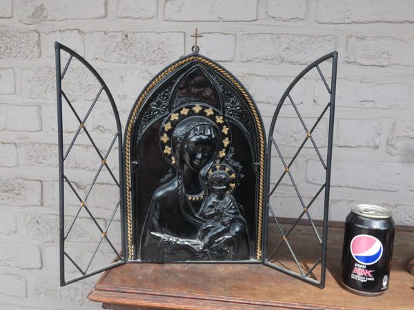 Vintage cermaic relief madonna plaque cast iron shrine wall