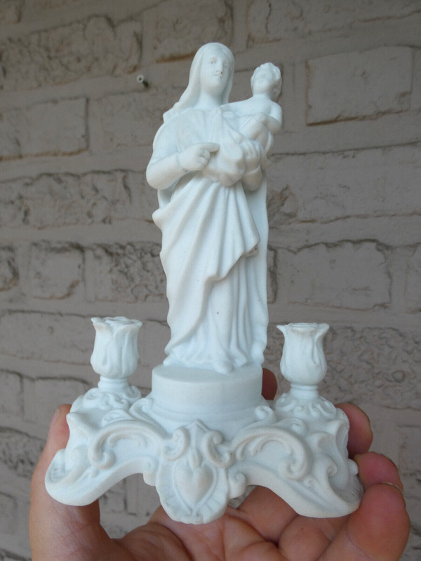 Antique french bisque porcelain madonna statue with candle holders