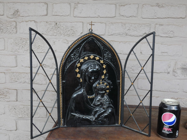 Vintage cermaic relief madonna plaque cast iron shrine wall