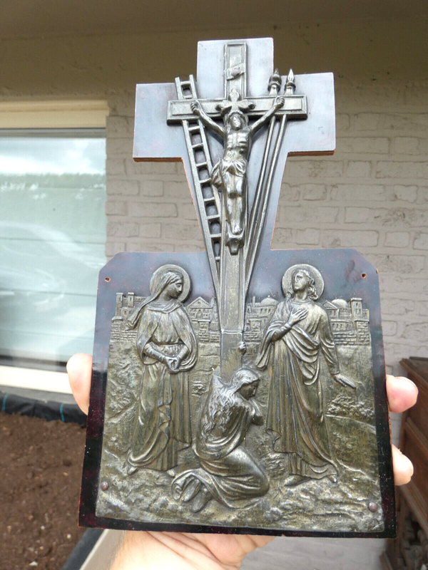 Belgian 1950 religious plaque calvary scene metal relief decor