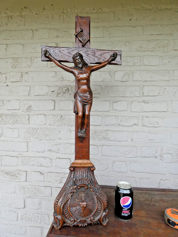 Antique 1800s 29,5" XL wood carved altar crucifix cross rare