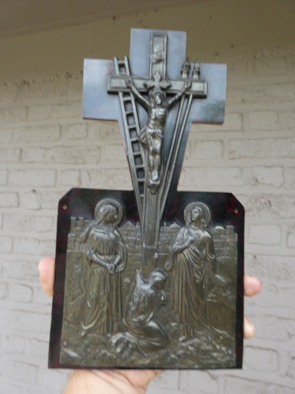 Belgian 1950 religious plaque calvary scene metal relief decor