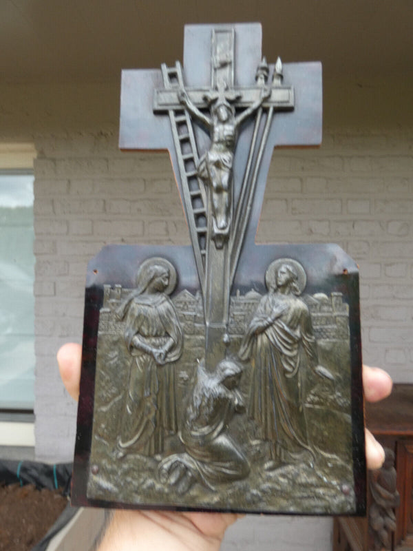 Belgian 1950 religious plaque calvary scene metal relief decor