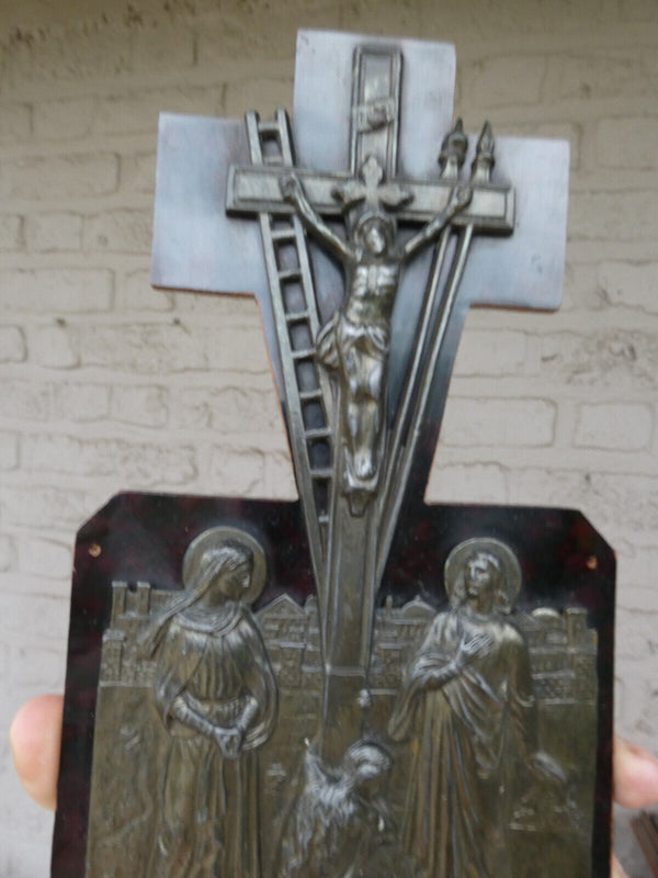 Belgian 1950 religious plaque calvary scene metal relief decor