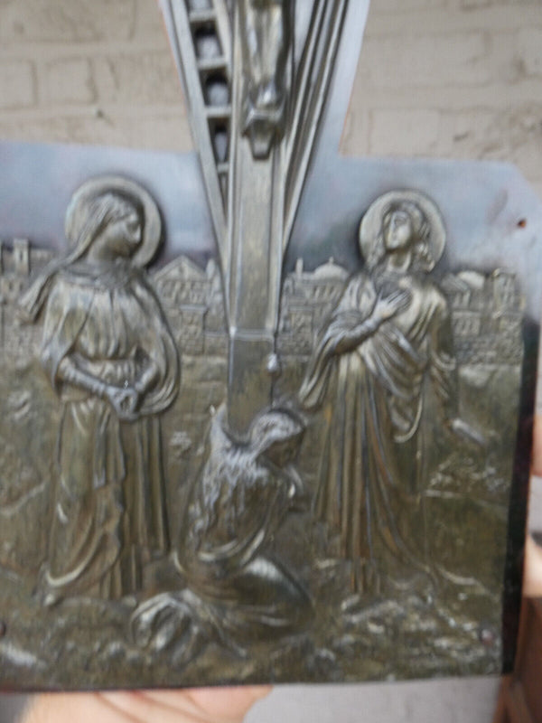 Belgian 1950 religious plaque calvary scene metal relief decor