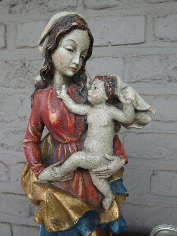 Italian 1970 Wood carved polychrome madonna child statue figurine religious