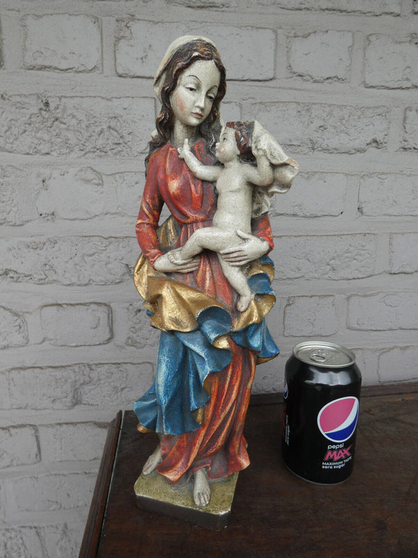 Italian 1970 Wood carved polychrome madonna child statue figurine religious