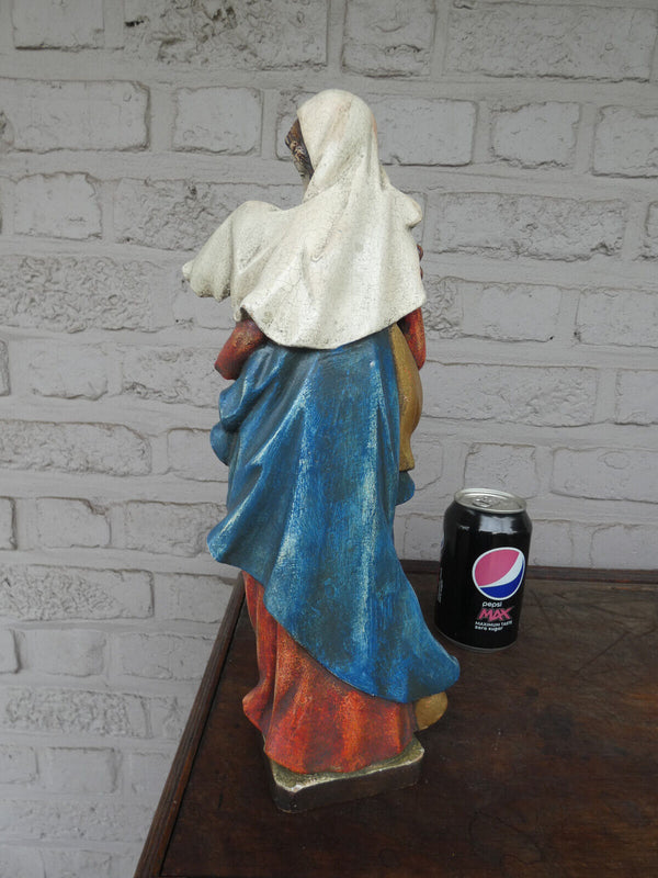 Italian 1970 Wood carved polychrome madonna child statue figurine religious