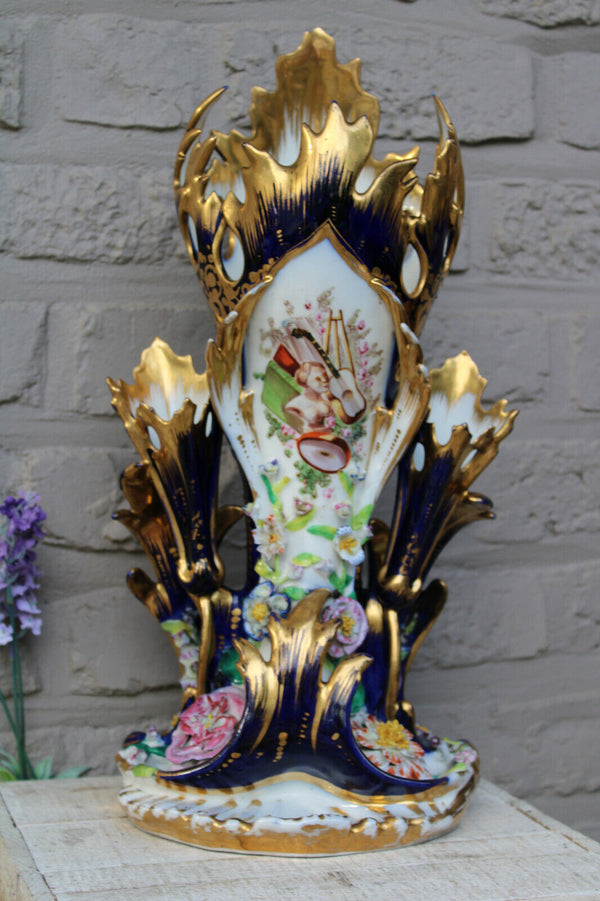 LARGE antique vieux paris porcelain pique fleur Cornet vase putti floral decor