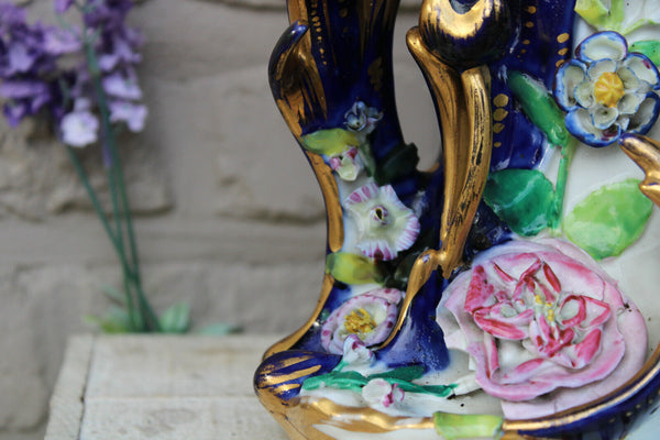 LARGE antique vieux paris porcelain pique fleur Cornet vase putti floral decor