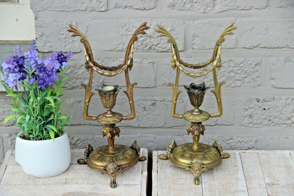 PAIR antique Bronze Empire EAgle satyr lion head special design candle holders