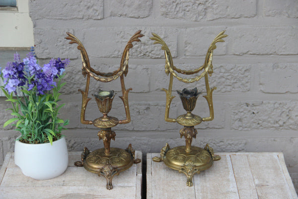 PAIR antique Bronze Empire EAgle satyr lion head special design candle holders