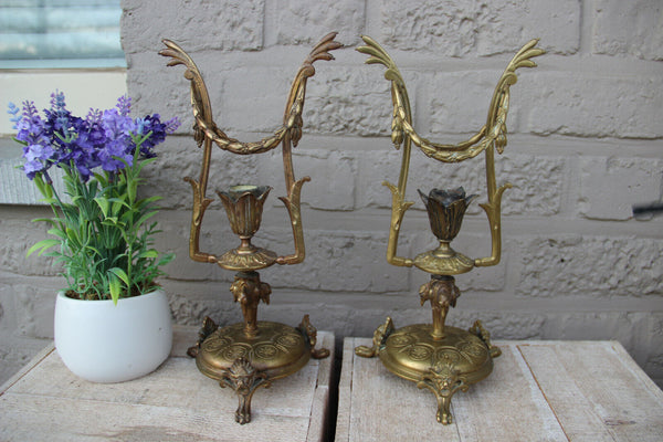 PAIR antique Bronze Empire EAgle satyr lion head special design candle holders