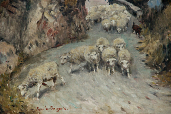 Belgian School 1930s rene De Baugnies signed landscape sheep painting canvas