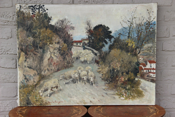 Belgian School 1930s rene De Baugnies signed landscape sheep painting canvas