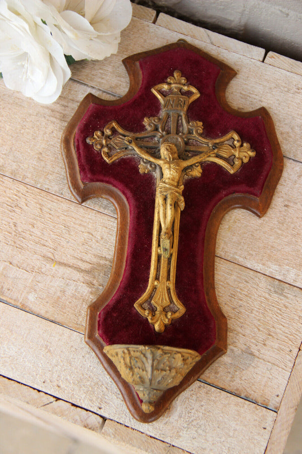 Old French antique Holy water font brass crucifix red velvet religious