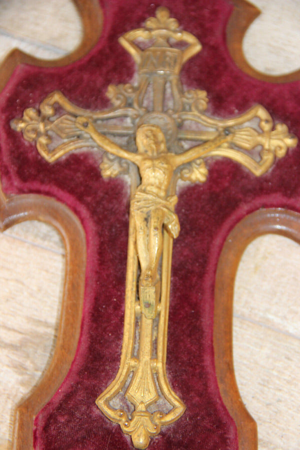 Old French antique Holy water font brass crucifix red velvet religious