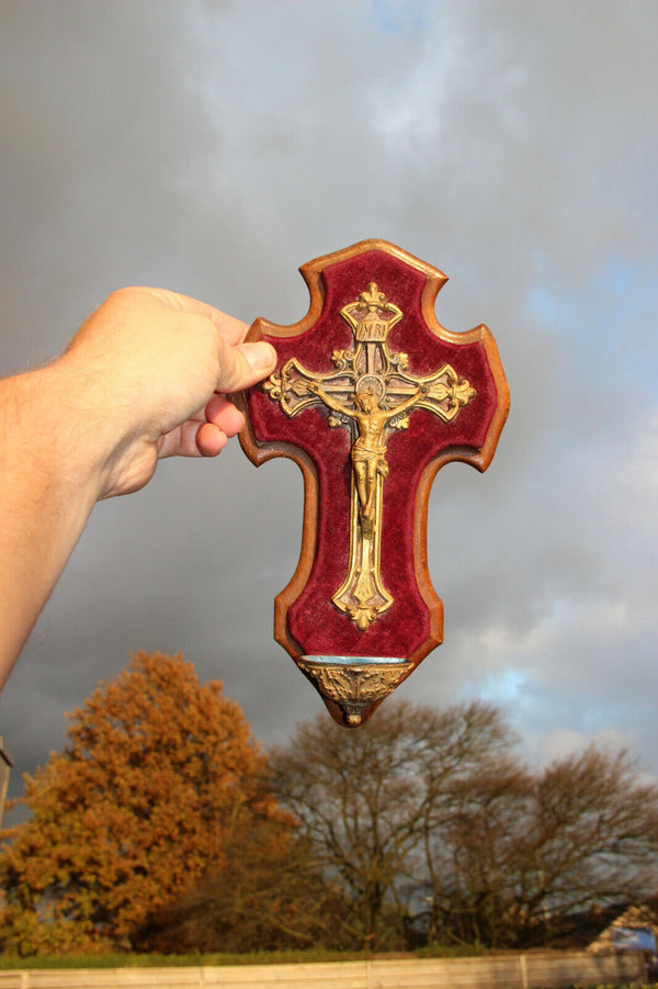 Old French antique Holy water font brass crucifix red velvet religious