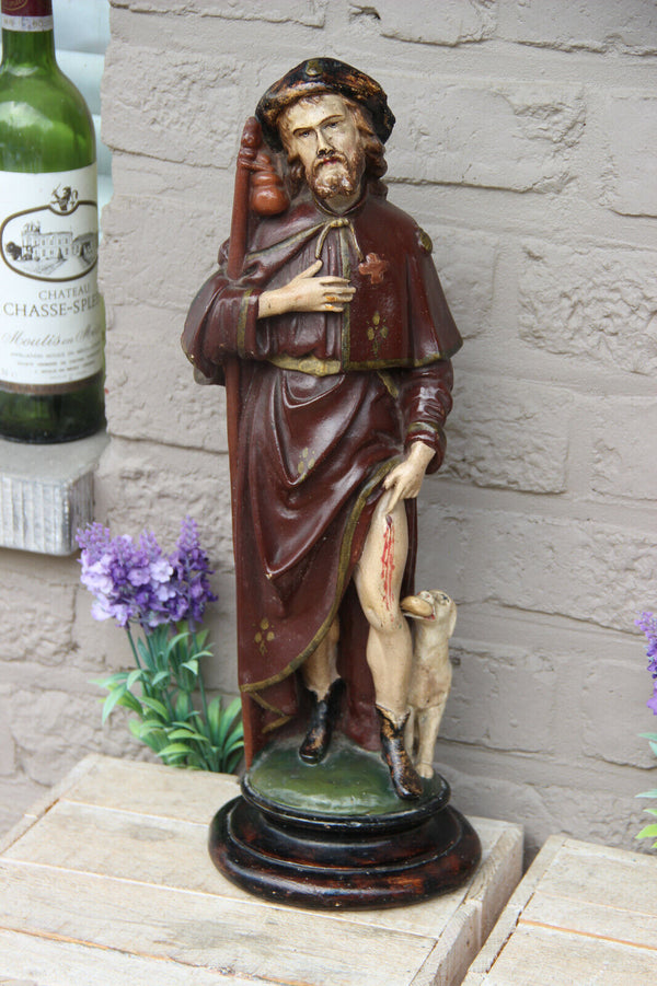 Antique French chalkware saint Roch dog figurine statue religious