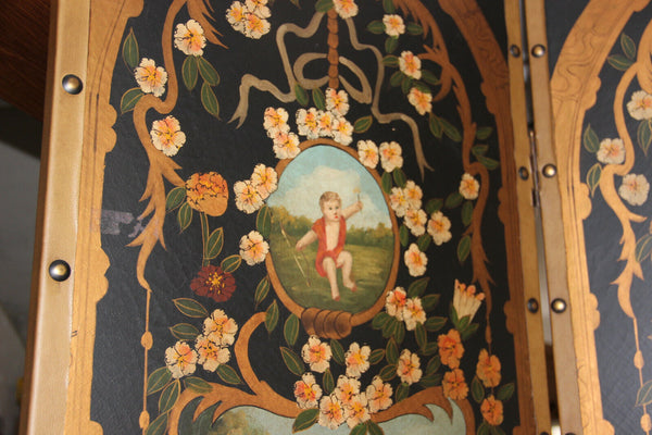 XL French folk art 4 season putti animal Childs hand paint Room screen