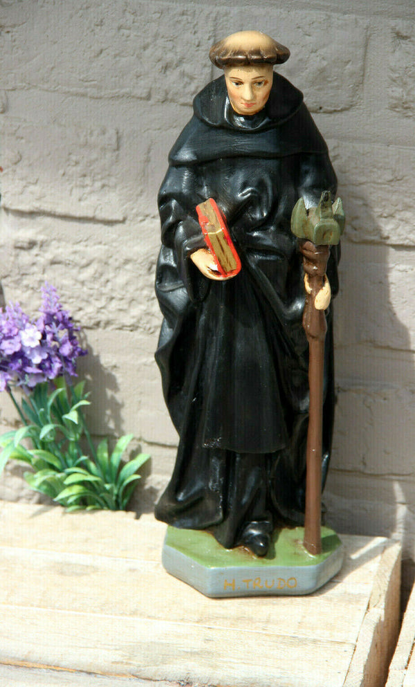 Antique Flemish chalkware statue SAINT TRUDO Fruit trees religious figurine