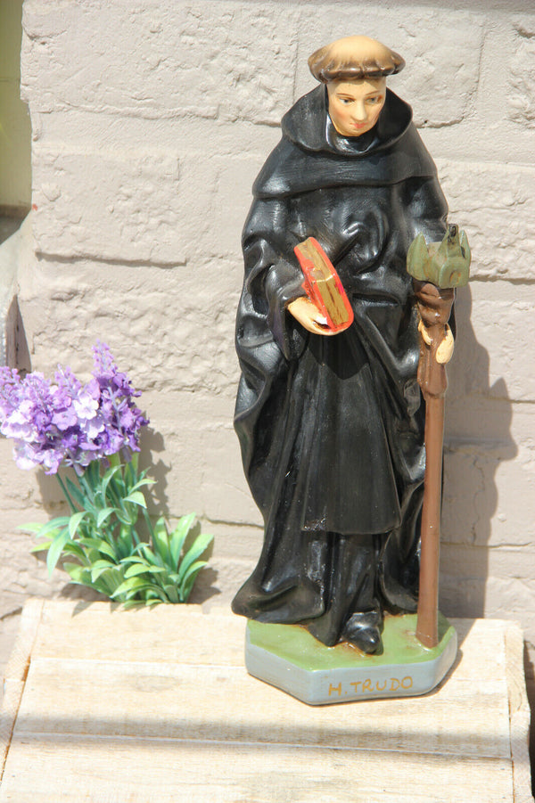 Antique Flemish chalkware statue SAINT TRUDO Fruit trees religious figurine