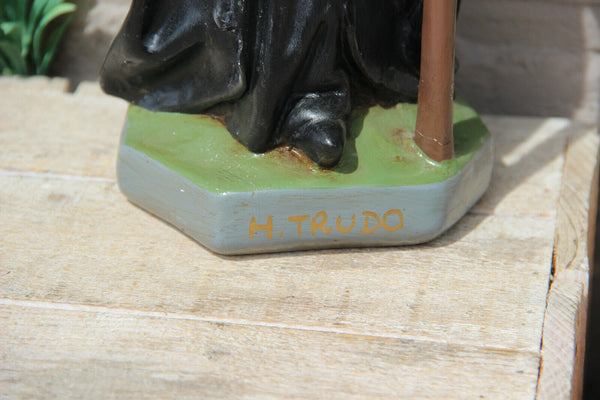 Antique Flemish chalkware statue SAINT TRUDO Fruit trees religious figurine