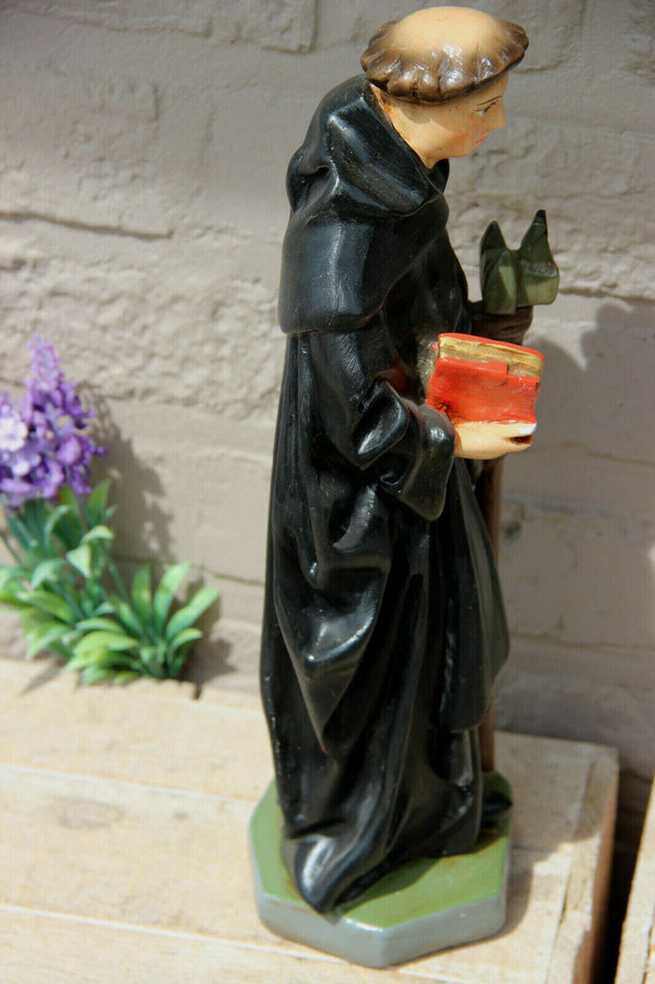 Antique Flemish chalkware statue SAINT TRUDO Fruit trees religious figurine