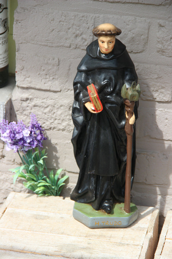 Antique Flemish chalkware statue SAINT TRUDO Fruit trees religious figurine