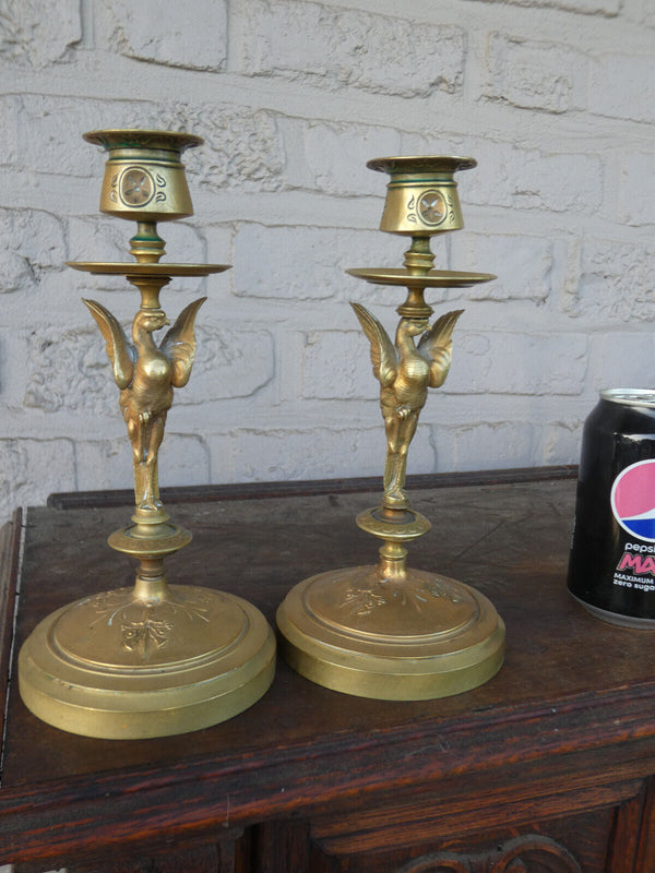 PAIR antique bronze eagle candlesticks candle holders