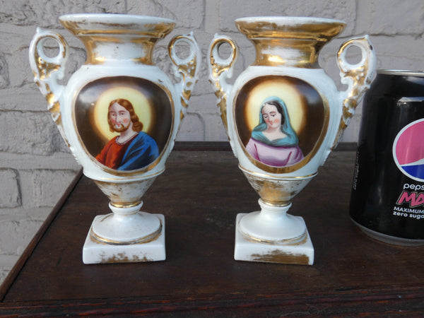 Antique pair french vieux paris porcelain hand paint jesus mary portrait vases