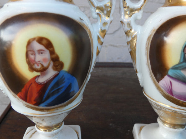 Antique pair french vieux paris porcelain hand paint jesus mary portrait vases