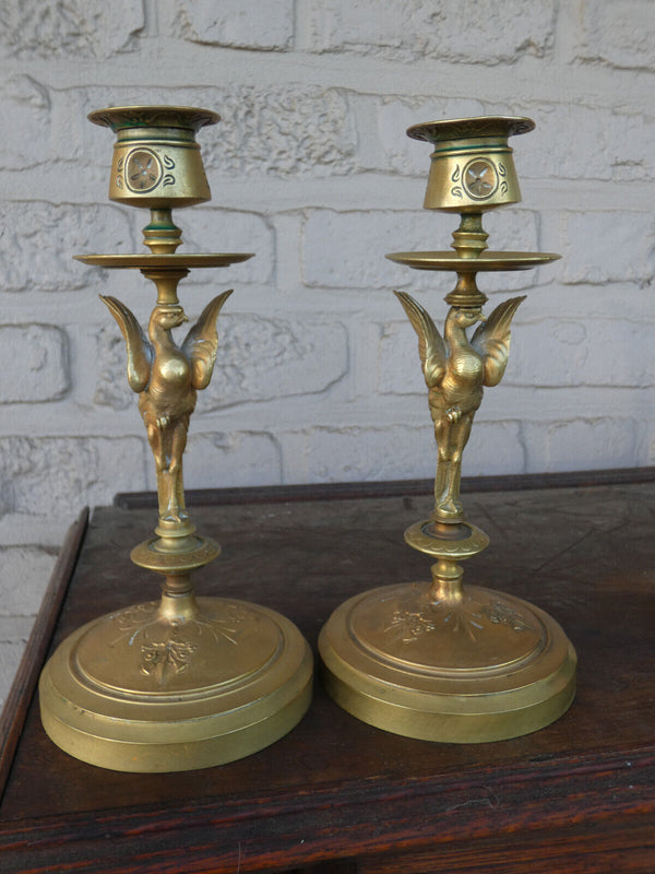 PAIR antique bronze eagle candlesticks candle holders