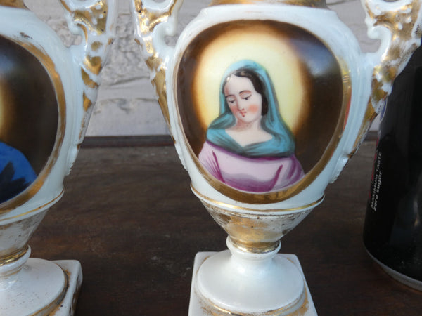 Antique pair french vieux paris porcelain hand paint jesus mary portrait vases