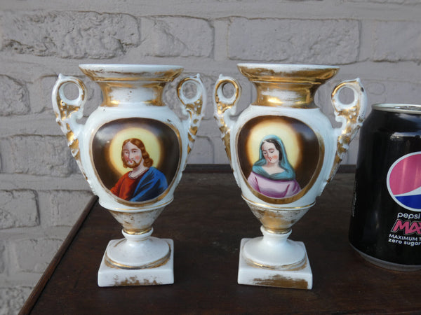 Antique pair french vieux paris porcelain hand paint jesus mary portrait vases