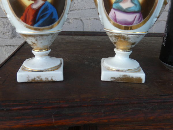 Antique pair french vieux paris porcelain hand paint jesus mary portrait vases