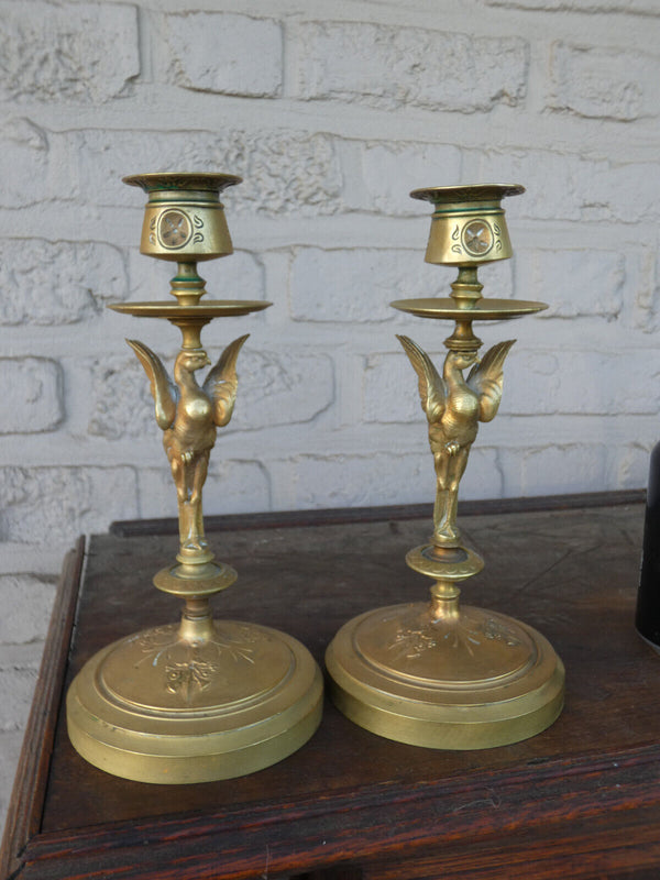 PAIR antique bronze eagle candlesticks candle holders