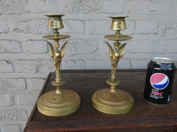 PAIR antique bronze eagle candlesticks candle holders