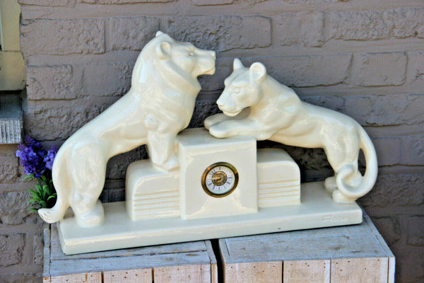 XL French art deco pottery ceramic Lion tiger  group Clock rare marked