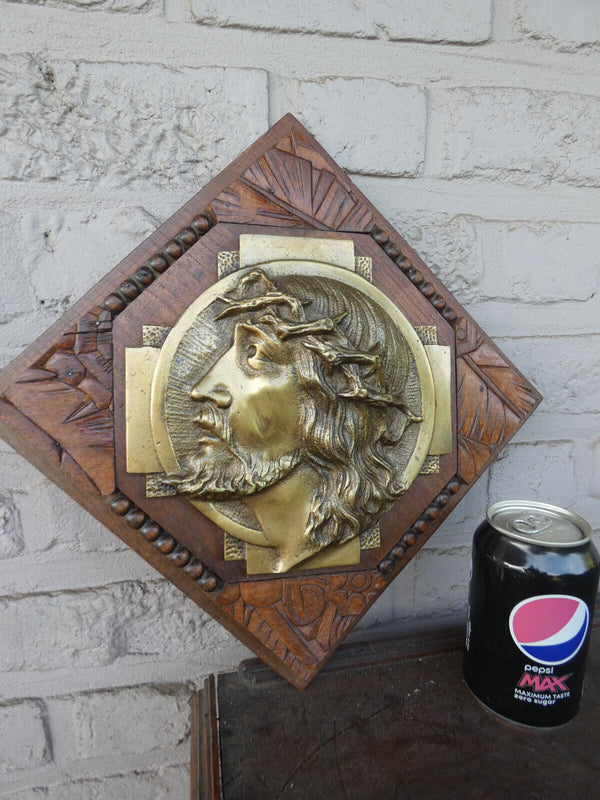 Antique Belgian art deco wood carved plaque with bronze christ portrait rare