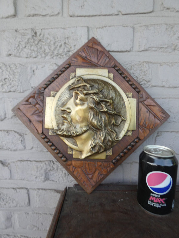 Antique Belgian art deco wood carved plaque with bronze christ portrait rare