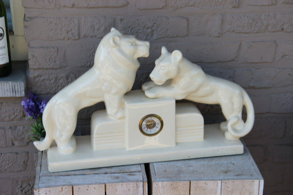 XL French art deco pottery ceramic Lion tiger  group Clock rare marked