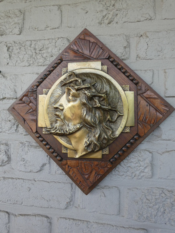 Antique Belgian art deco wood carved plaque with bronze christ portrait rare